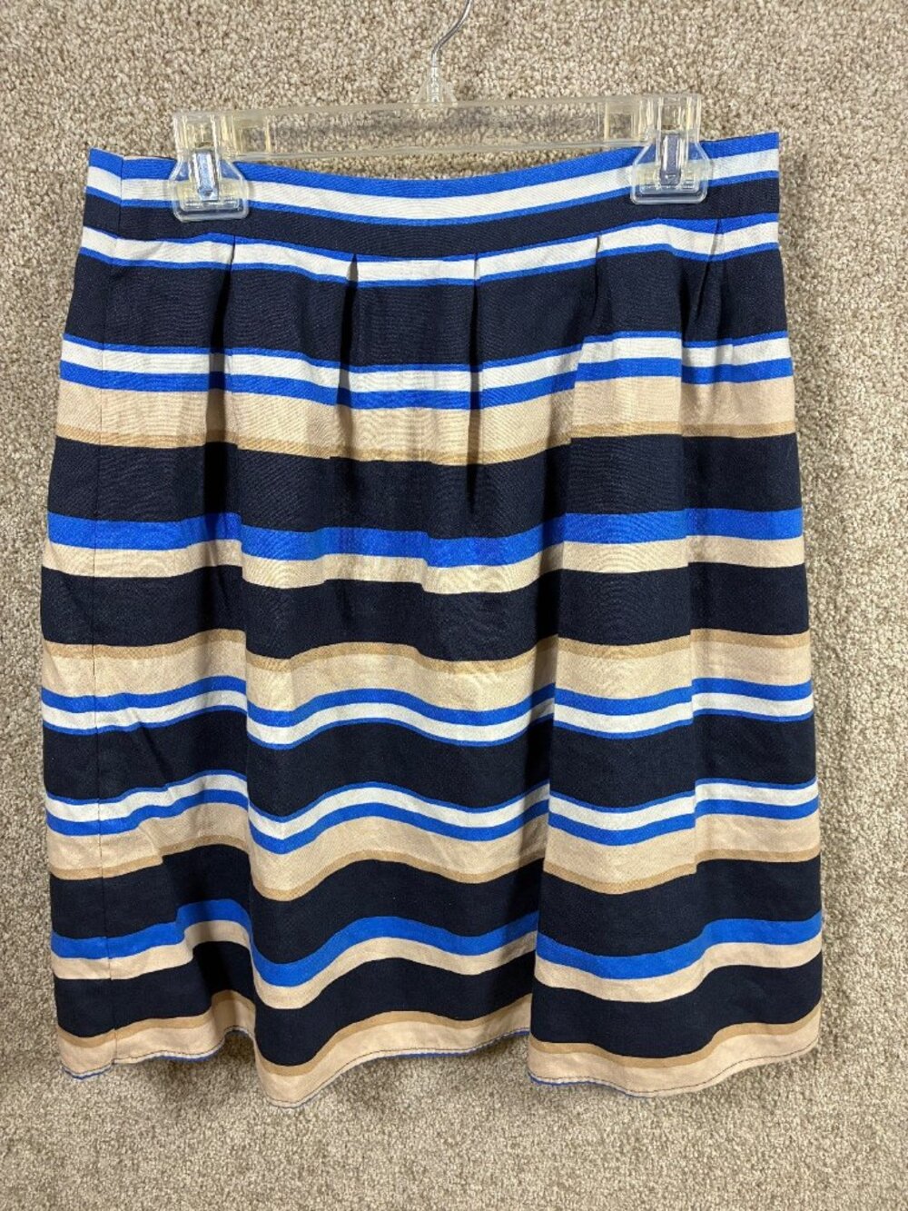 Sherry Taylor Women’s L Striped Pleated Midi Skirt Navy Blue Tan Preppy Nautical